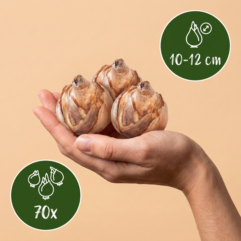 Bulbes de Mélange de bulbes pour jardin sec tenus dans une main, calibre 10-12 cm, lot de 70 bulbes.