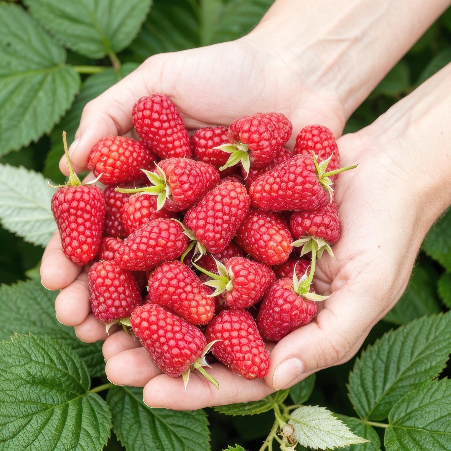 Framboisier Rubus idaeus Heritage. Une paire de mains tient une généreuse récolte de framboises rouges juteuses, cueillies dans le jardin.