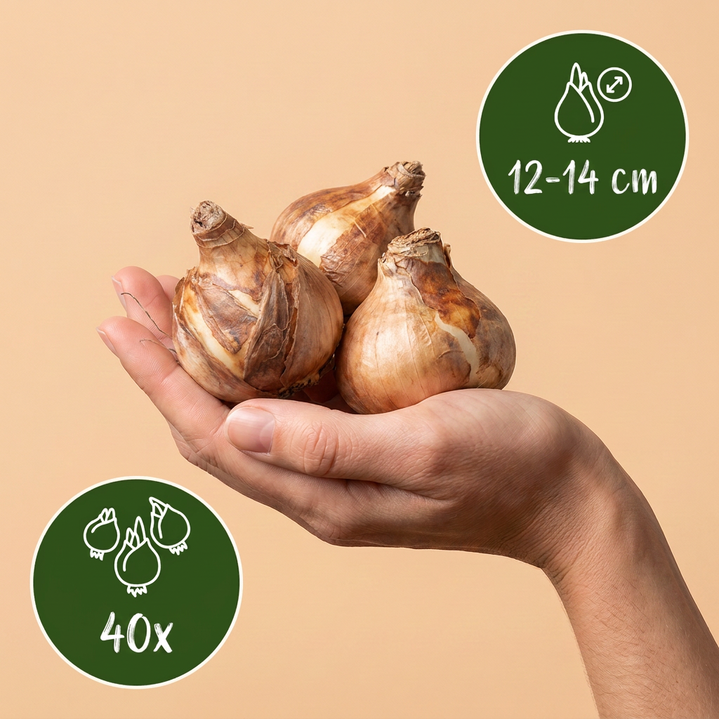 Bulbes de Narcisse Double en mélange tenus dans une main, calibre 12-14 cm, lot de 40 bulbes.