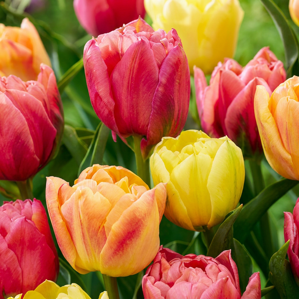 Gros plan sur un massif de Tulipes 'Symbiosa' en mélange de couleurs, avec des fleurs rouges, oranges et jaunes.