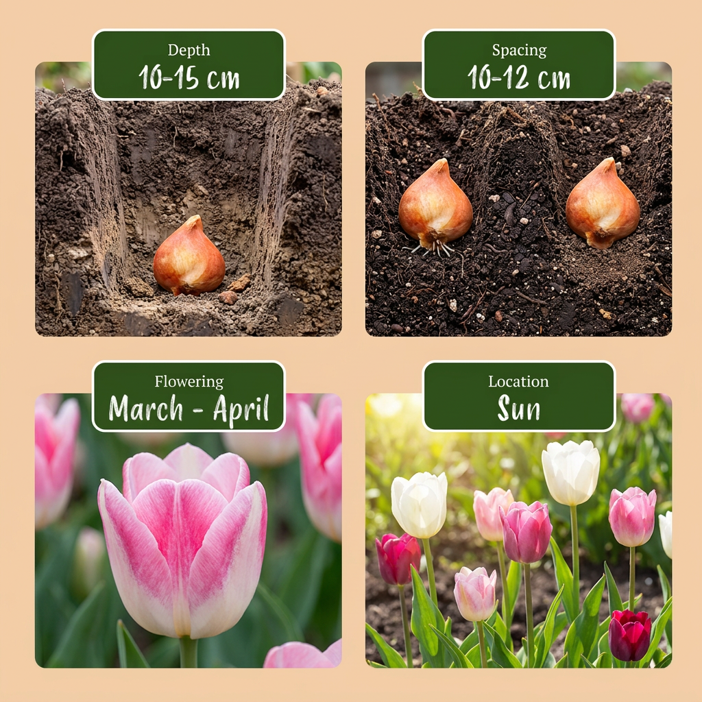 Guide de plantation des bulbes de Tulipe Pastel : profondeur, espacement, floraison mars-avril, exposition ensoleillée.