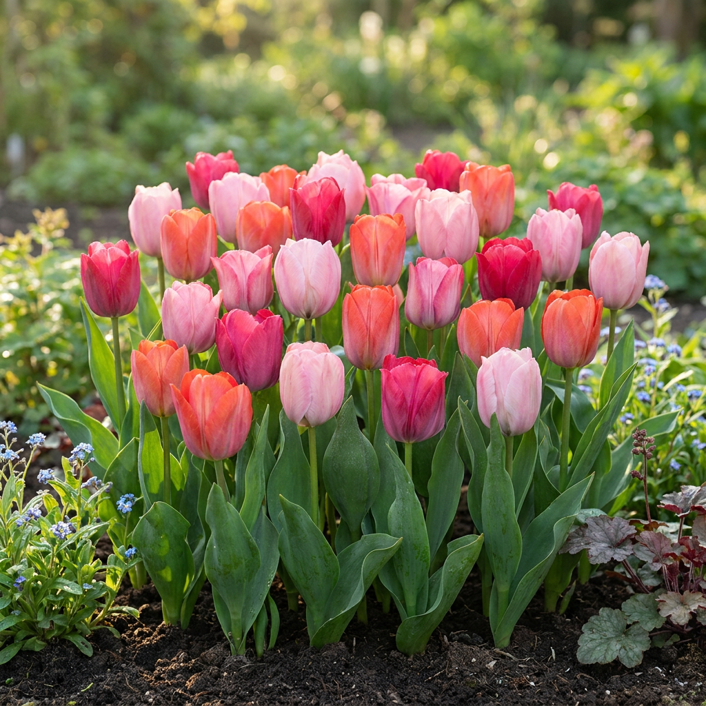 Massif de tulipes 'Positive Vibe' aux fleurs épanouies de différentes nuances de rose et d'orange dans un jardin.
