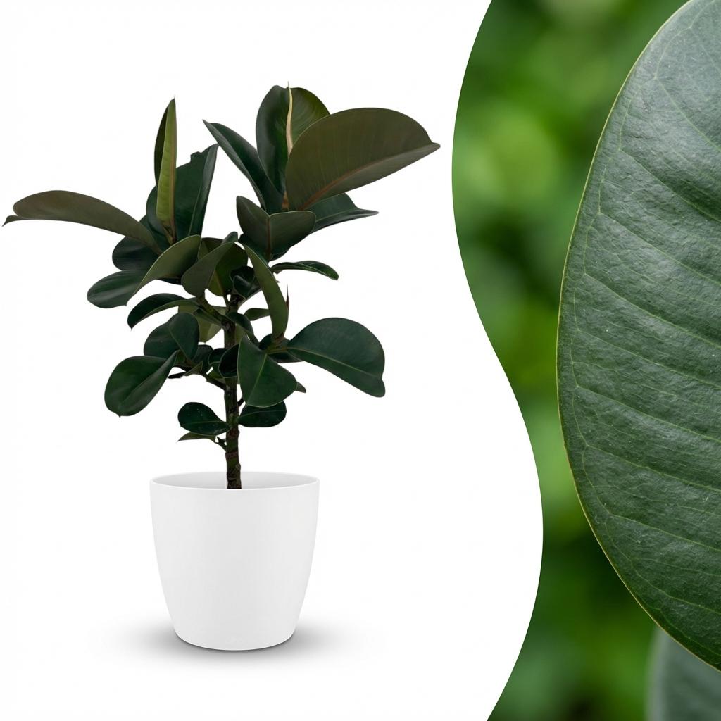Plante d'intérieur - Caoutchouc - Ficus Elastica Cloe - Vert - Peu d'entretien - 1 Plante - avec Pot Blanc - Pot 19cm - Hauteur 65cm