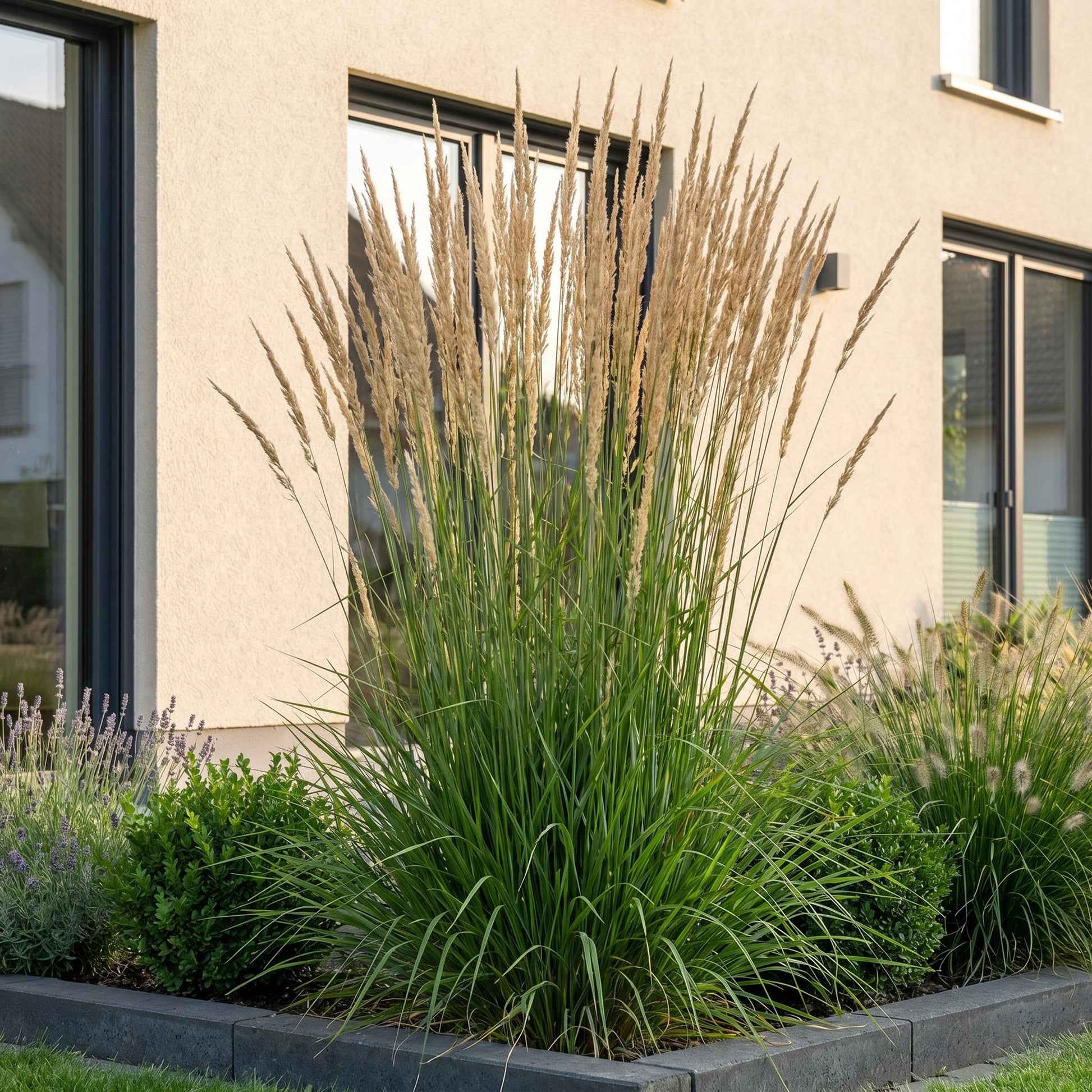 Graminées Calamagrostis Karl Foerster. Panicules dorées de roseaux dans un parterre de jardin moderne près d'une maison.