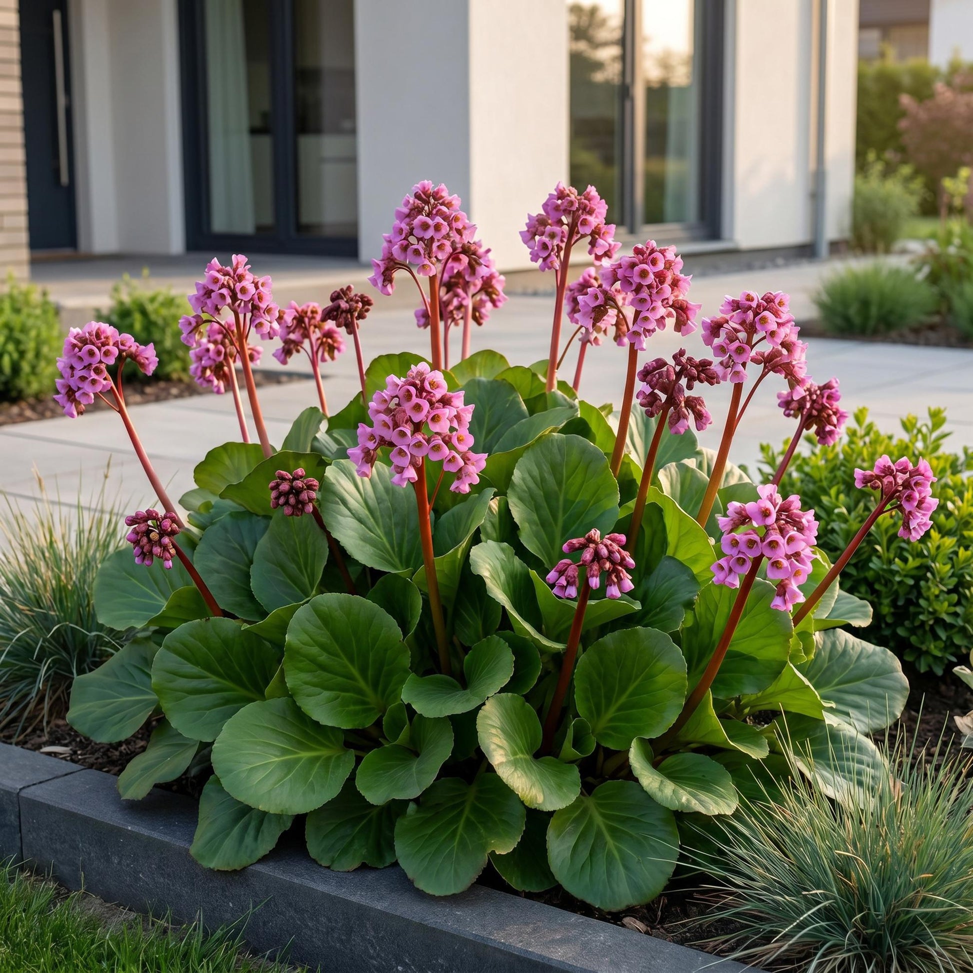 Bergenia cordifolia 'Plante à souliers' aux fleurs roses lumineuses et au feuillage vert luxuriant, plantée dans un jardin moderne.