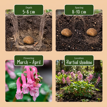 Guide de plantation des bulbes de Corydale 'Beth Evans', incluant profondeur, espacement, floraison et exposition.