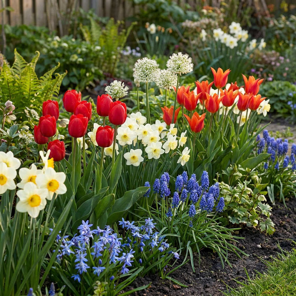 Massif de fleurs avec des tulipes rouges et oranges, des narcisses blancs, des muscaris bleus et des scilles.