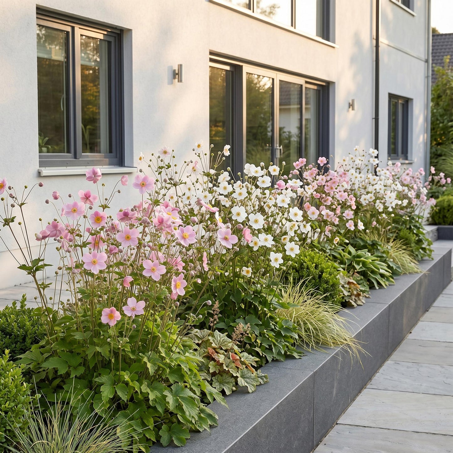 Anemone Tricolour : Haie de fleurs d'anémones d'automne roses et blanches plantées devant une maison moderne.