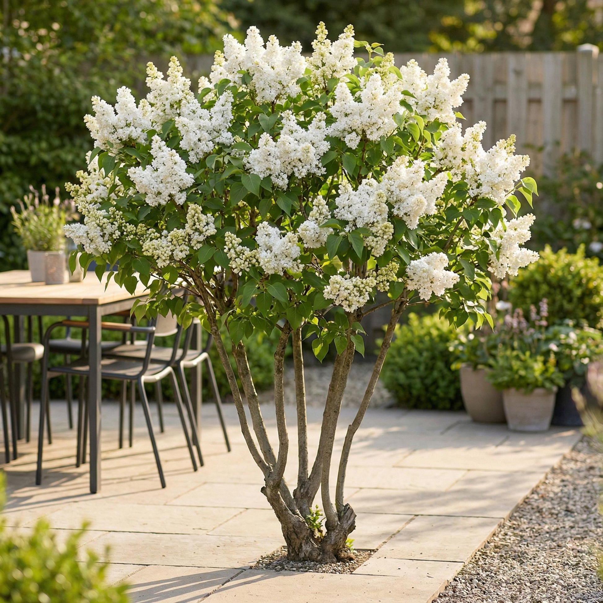 Lilas Syringa vulgaris 'Mme Lemoine' blanc en fleurs, planté sur une terrasse en pierre, à côté d'une table et de chaises de jardin.