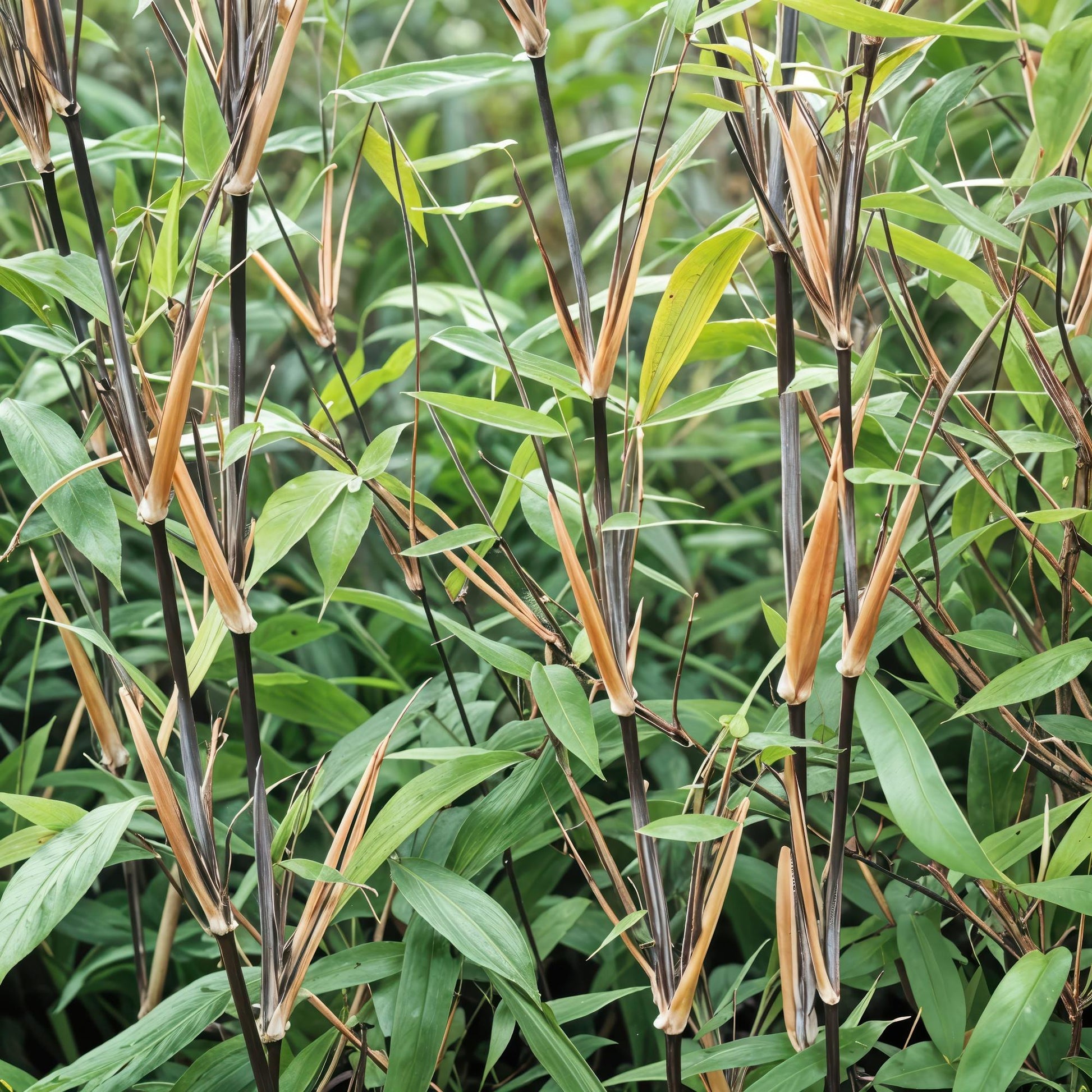 Bambou Fargesia Black Dragon : Gros plan sur les chaumes noirs et les feuilles vertes du bambou non envahissant.