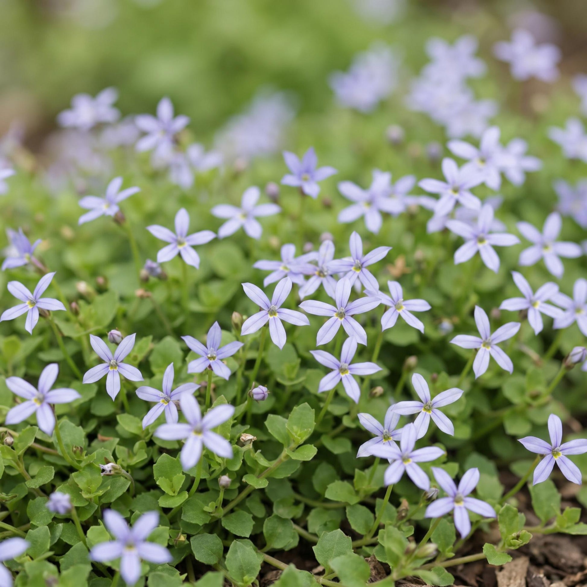 Isotoma fluviatilis, ou Fleur étoilée, avec ses petites fleurs bleu clair délicates et son feuillage vert dense en gros plan, idéal pour roc