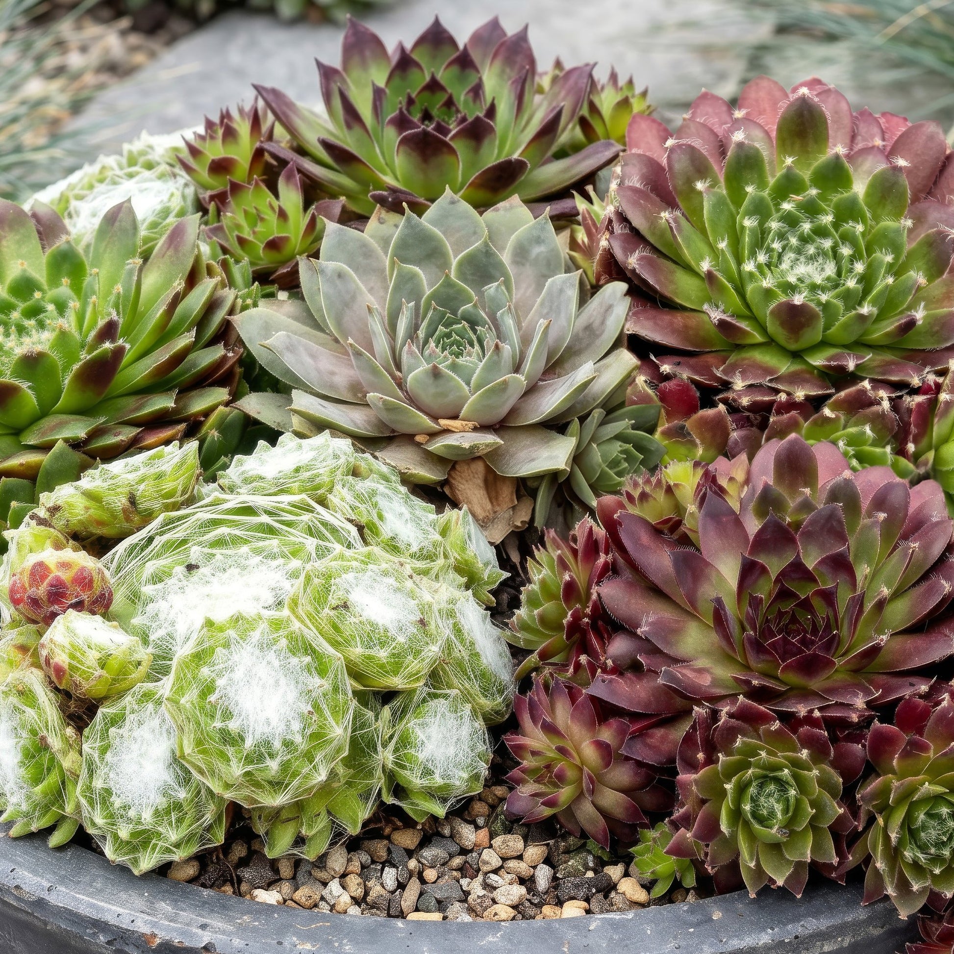Sempervivum Big Sam, assortiment de succulentes aux rosettes variées : vertes, pourpres et aux textures filamenteuses, en gros plan dans un 