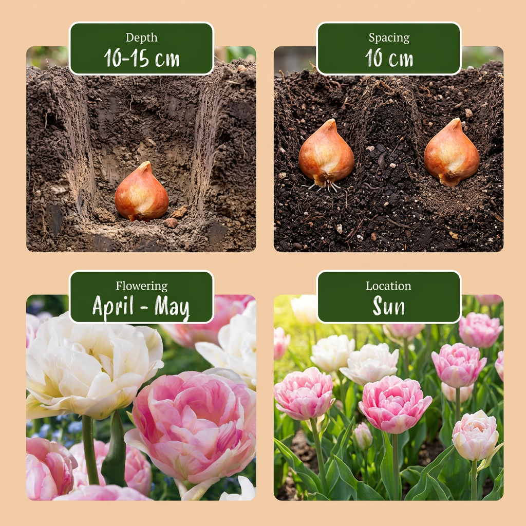 Guide de plantation des bulbes de Tulipe 'Double Sensation' avec profondeur, espacement, floraison et exposition.