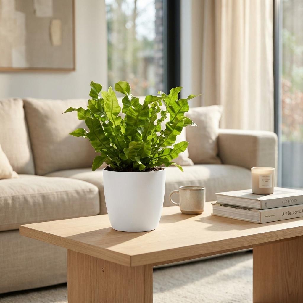 Une magnifique Asplenium Crispy Wave dans un pot de 12cm blanc posée sur une table basse en bois clair dans un salon lumineux