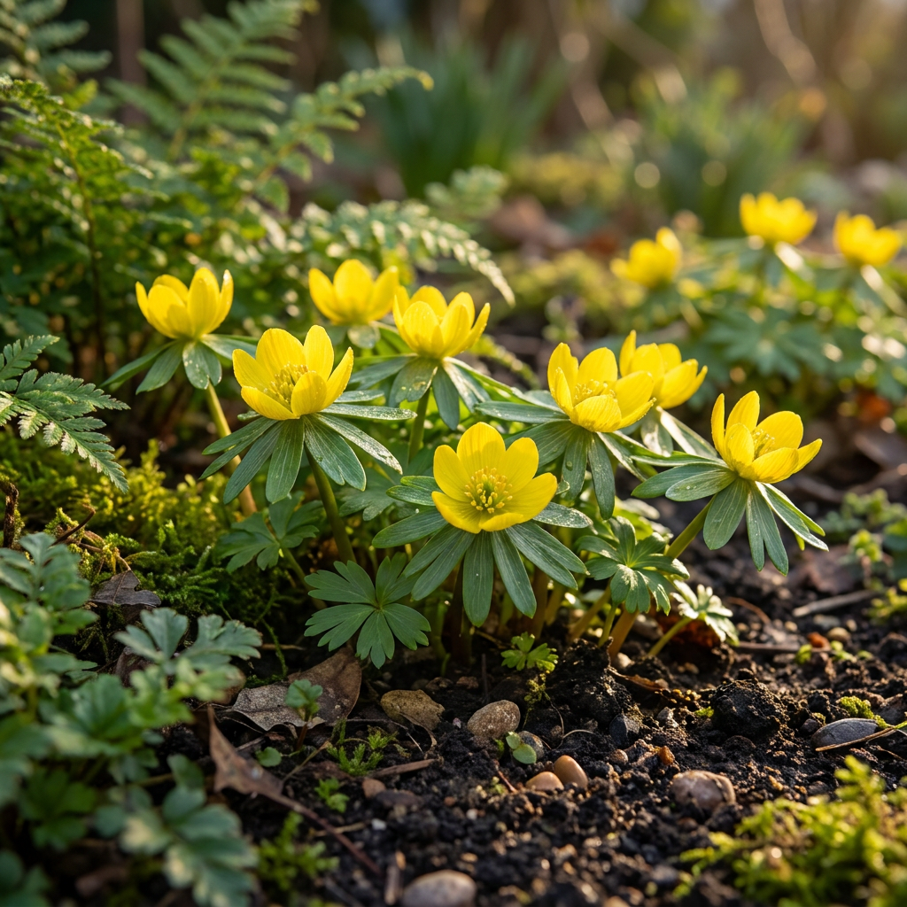 Un massif d'éranthes d'hiver Cilicica jaunes épanouies dans un jardin ensoleillé.