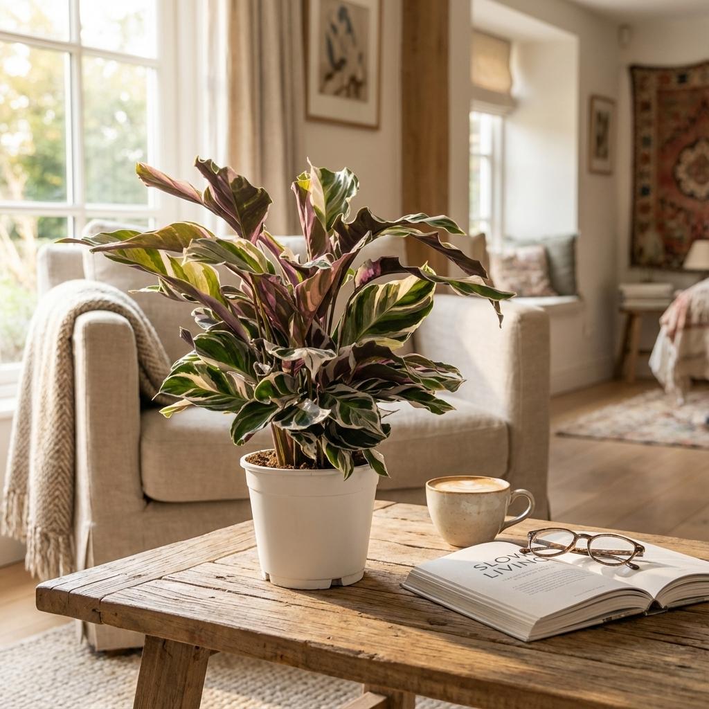 Calathea Fusion White en situation dans un intérieur