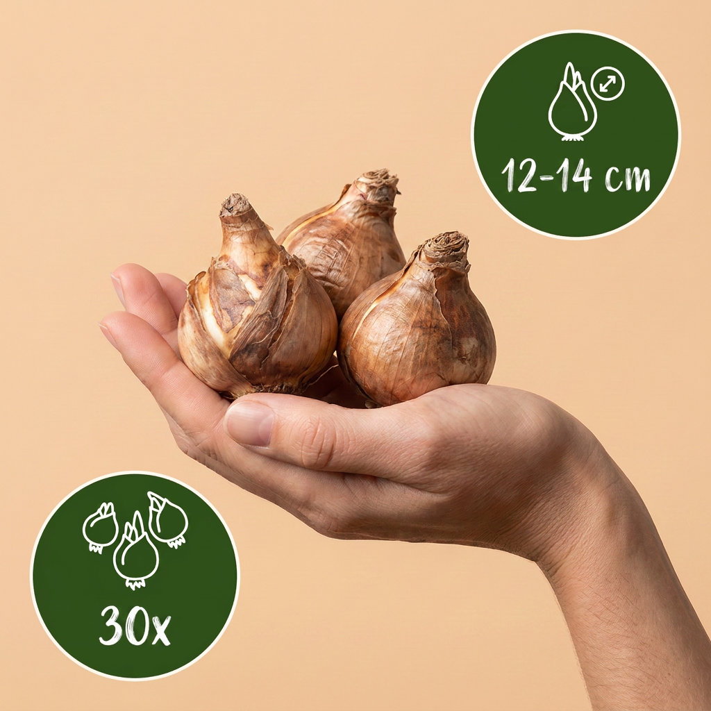 Bulbes de Narcisse 'Carlton' tenus dans une main, calibre 12-14 cm, lot de 30 bulbes.
