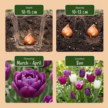 Guide de plantation des bulbes de tulipes 'Blueberry' avec profondeur, espacement, floraison et exposition.