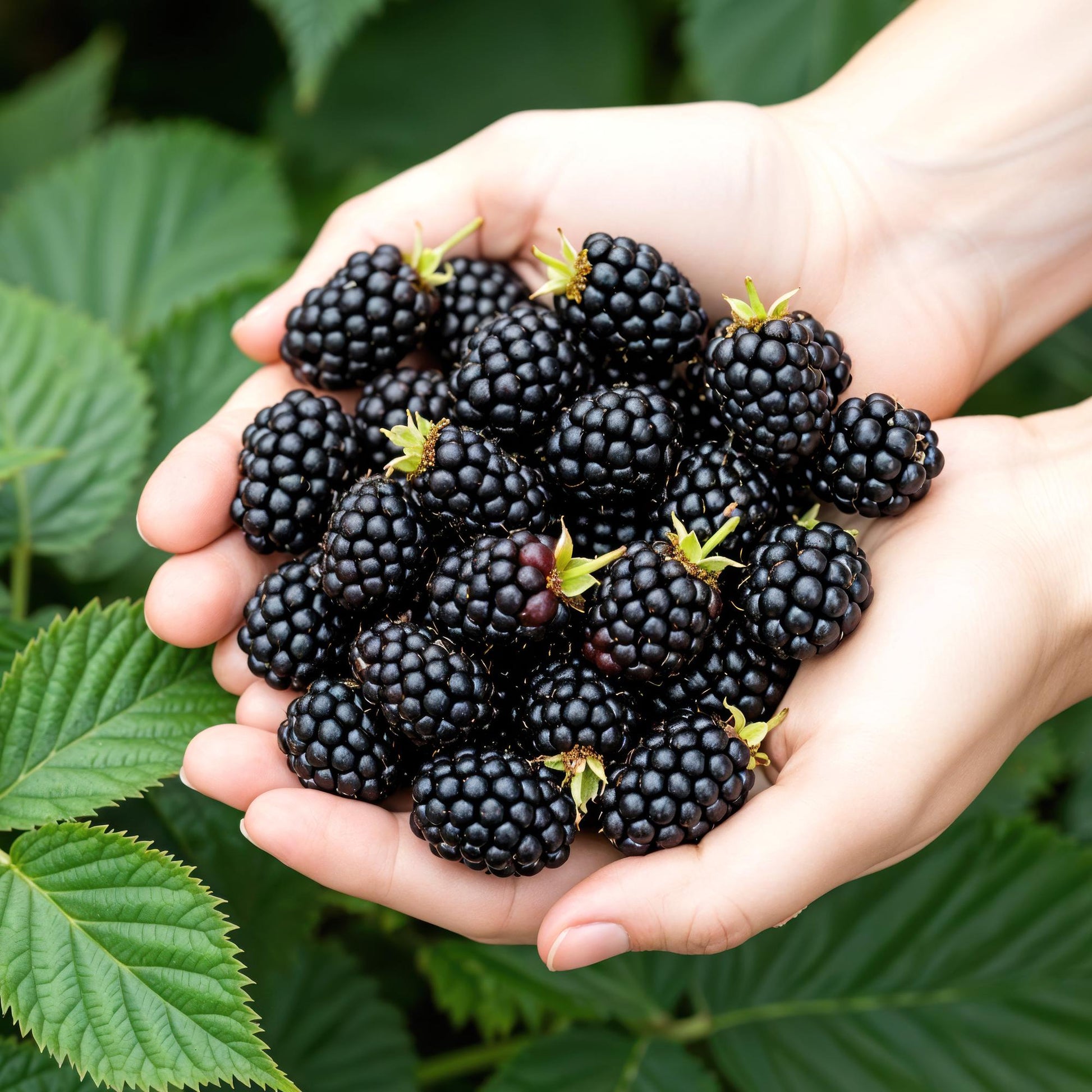 Ronce sans épines. Deux mains tiennent une belle récolte de mûres noires, juteuses et mûres, sur fond de feuilles vertes.