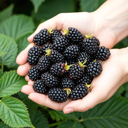 Ronce sans épines. Deux mains tiennent une belle récolte de mûres noires, juteuses et mûres, sur fond de feuilles vertes.