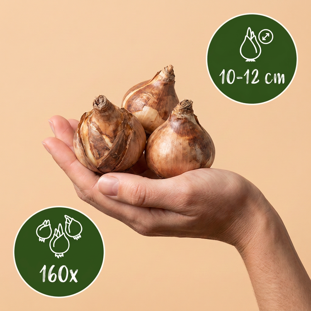Bulbes de Narcisse jaune tenus dans une main, calibre 10/12, lot de 160 bulbes