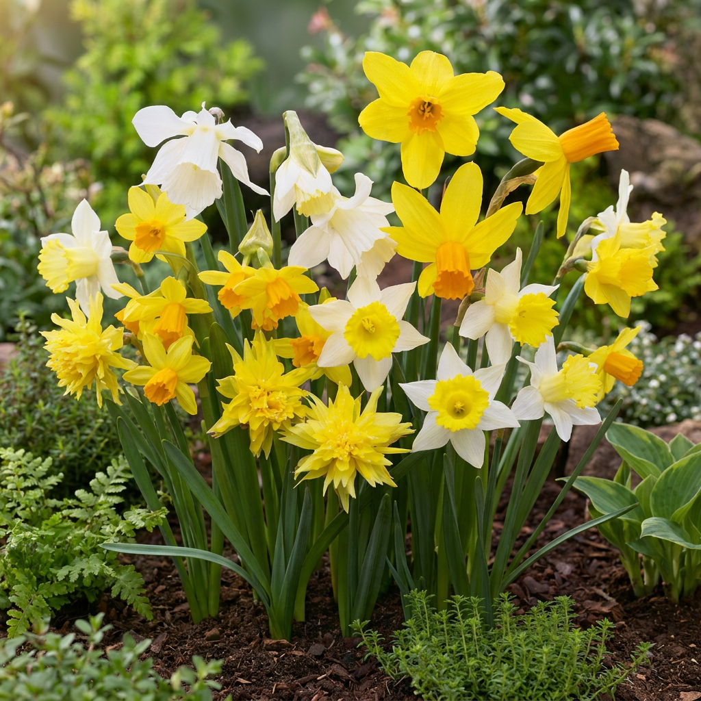 Massif de narcisses botaniques en mélange aux fleurs jaunes, blanches et orange épanouies.
