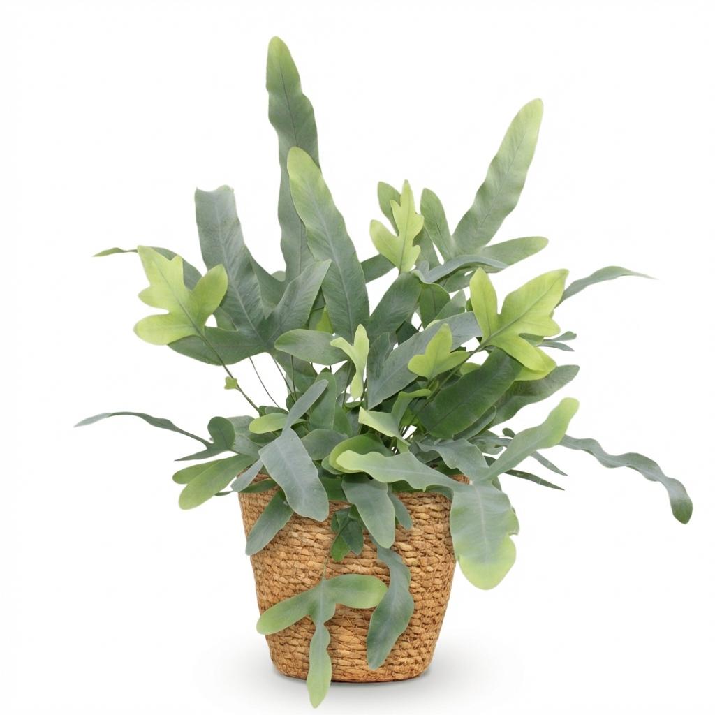 Un Phlebodium aureum Blue Star avec un feuillage vert-bleuté en croissance dans un panier en jonc de mer naturel