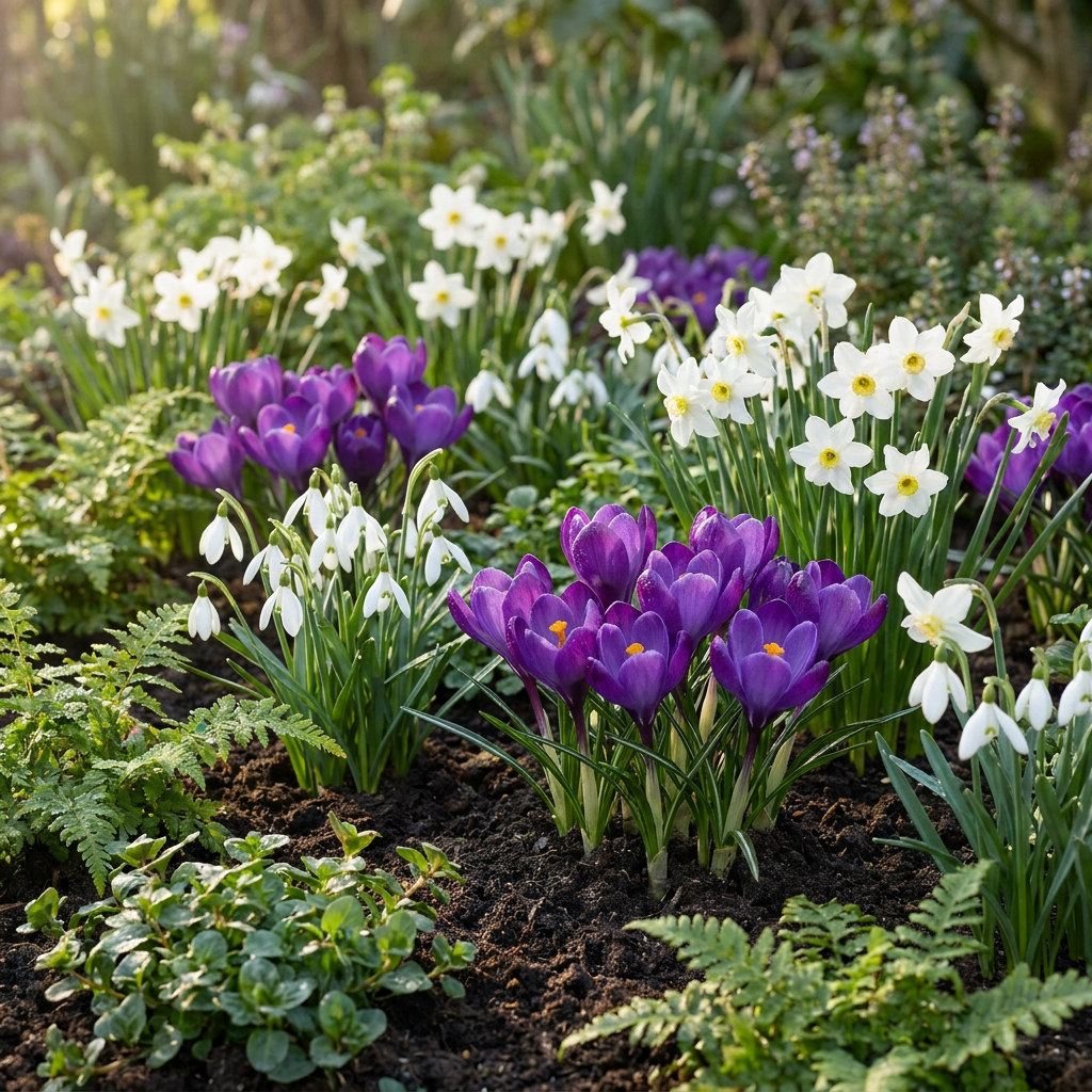 Massif de crocus violets, perce-neige blancs et narcisses nains pour un jardin d'ombre fleuri au printemps.