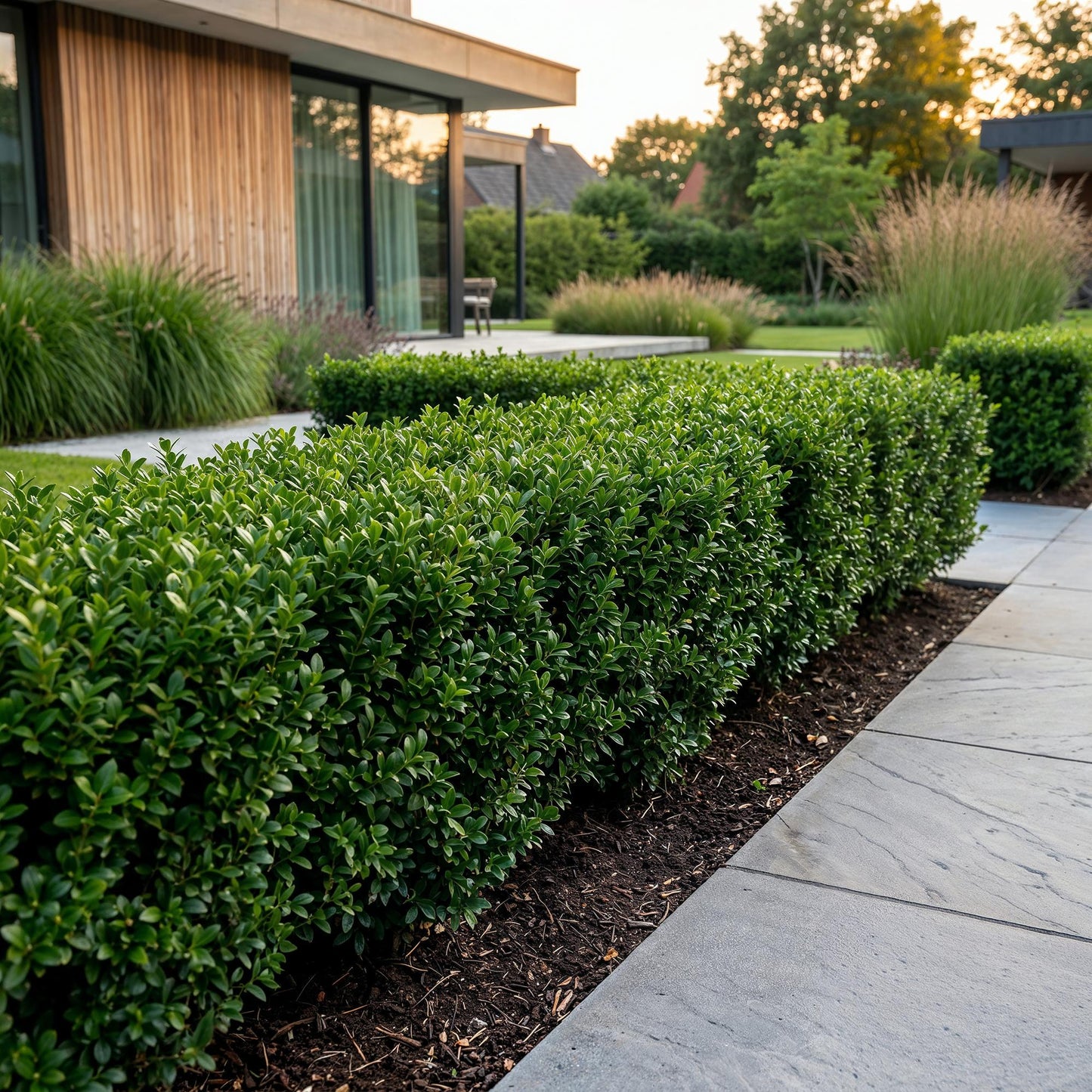 Ilex crenata Stokes – Houx japonais taillé en haie basse le long d'une allée de dalles, avec une maison moderne en arrière-plan.