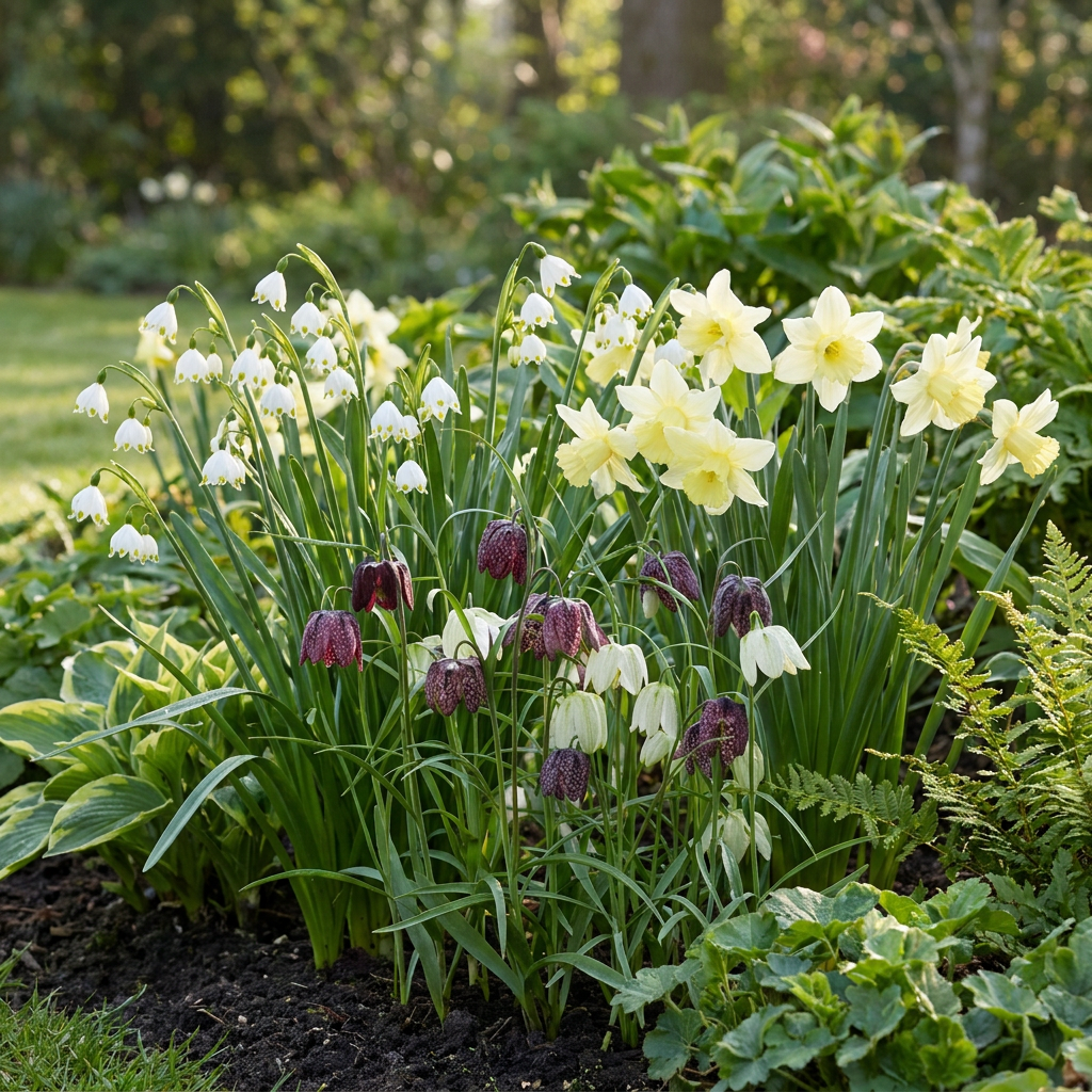 Mélange de bulbes pour jardin humide avec narcisses jaunes, fritillaires et nivéoles blanches en fleurs.