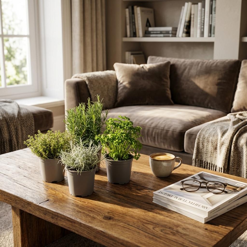 Un ensemble de quatre plantes d'Herbes Italiennes, incluant thym, romarin, persil et lavande, posées sur une table en bois rustique, avec