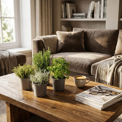 Un ensemble de quatre plantes d'Herbes Italiennes, incluant thym, romarin, persil et lavande, posées sur une table en bois rustique, avec