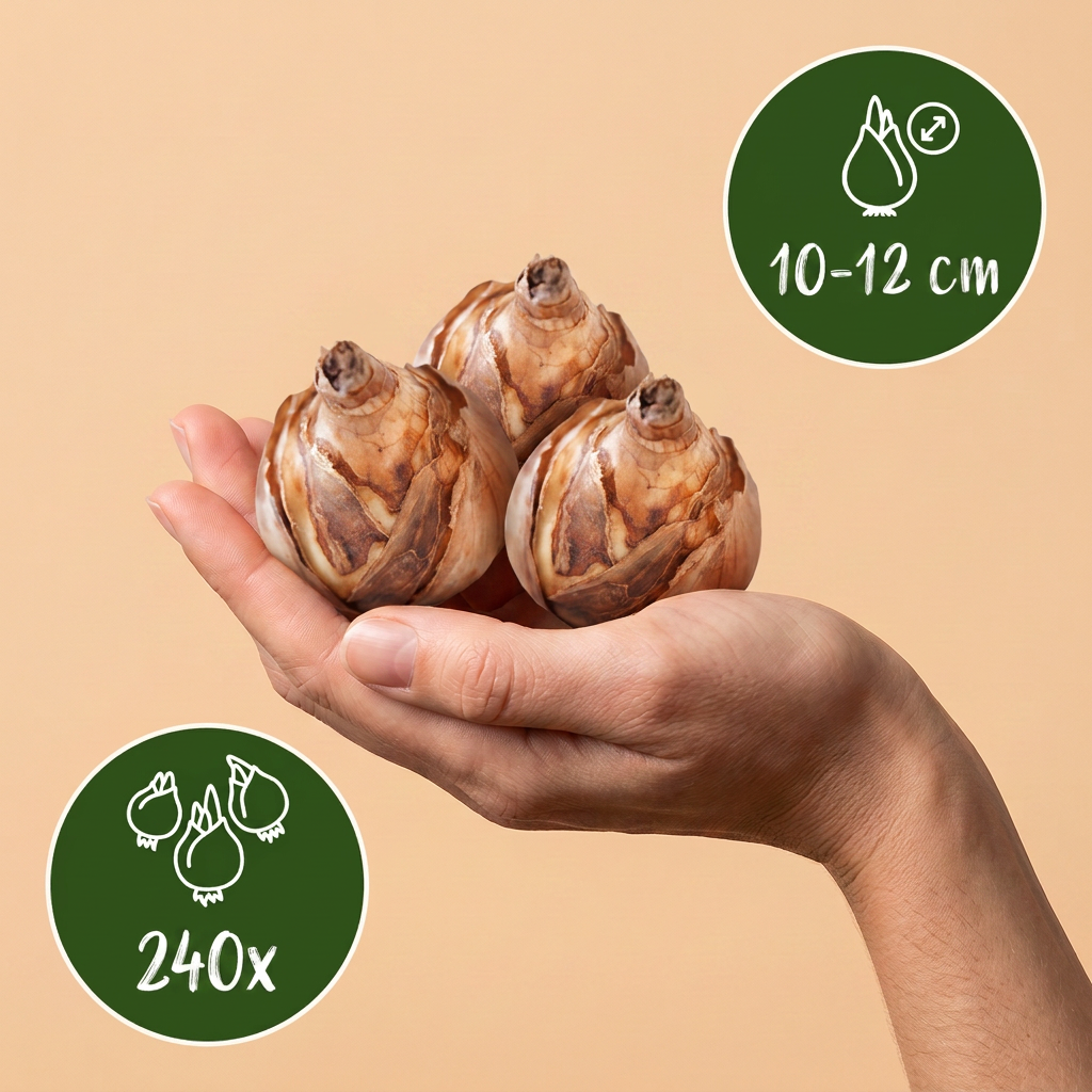 Bulbes de Mélange de bulbes pour jardin humide tenus dans une main, calibre 10-12 cm, lot de 240 bulbes.