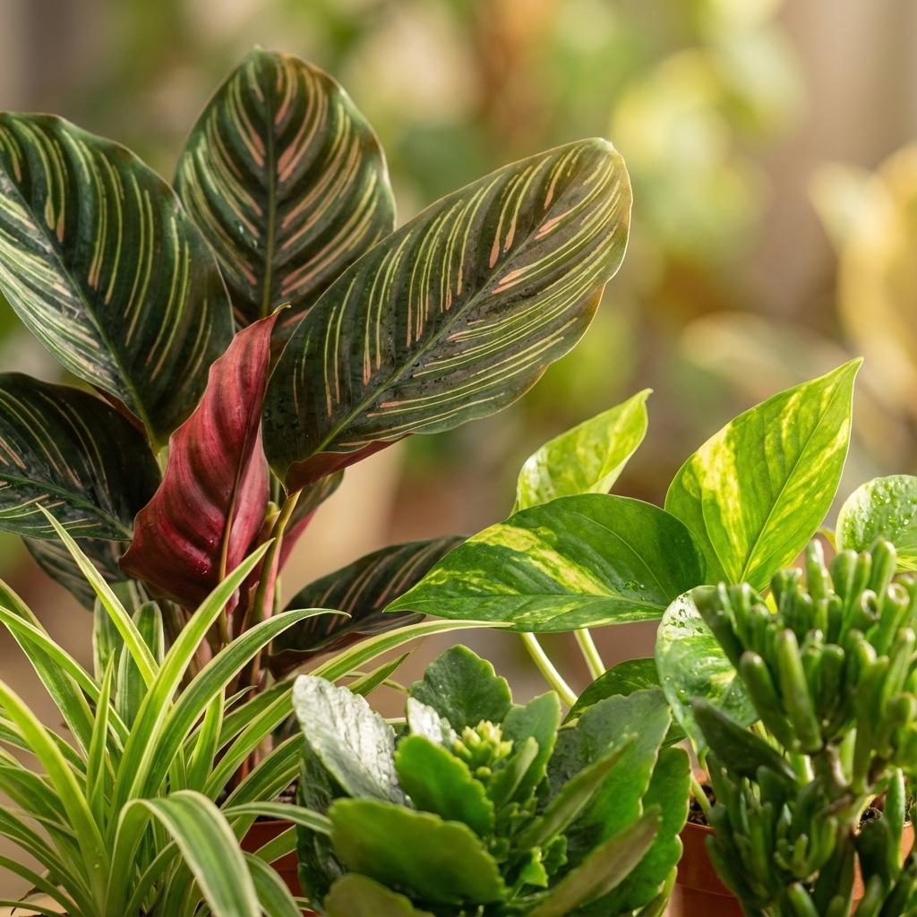 Gros plan sur un assortiment de plantes aux feuillages variés, dont une calathea zébrée, parfait pour une Box plantes Deuxième Chance
