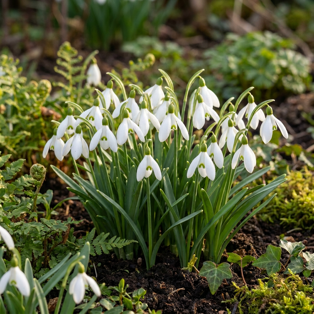 Massif de perce-neige géant (Galanthus) en fleur, annonçant le printemps.