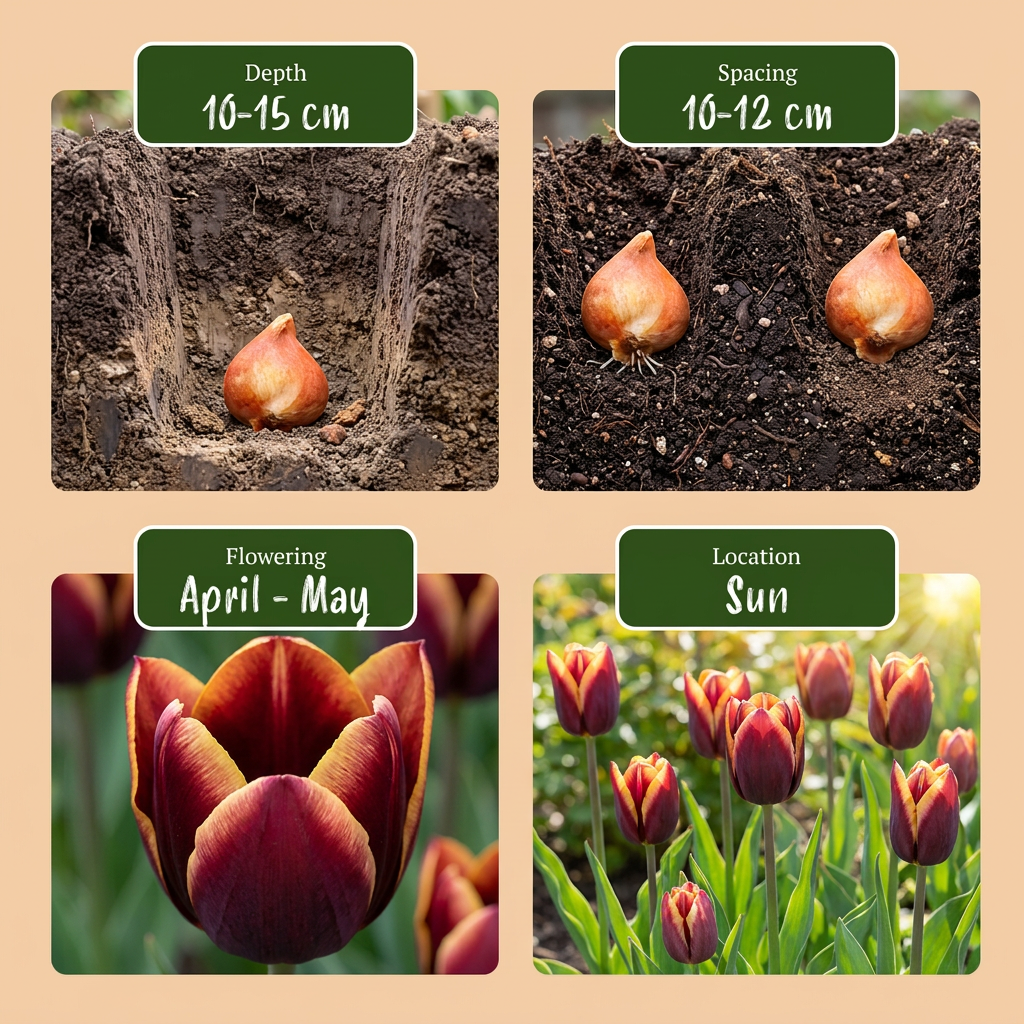 Guide de plantation des bulbes de tulipe 'My Favourite Topping' : profondeur, espacement, floraison et exposition.
