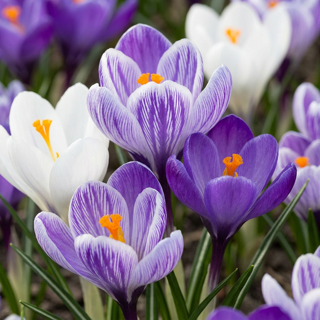Crocus en mélange bleu, blanc et strié, avec des étamines oranges, fleurissant dans un jardin.