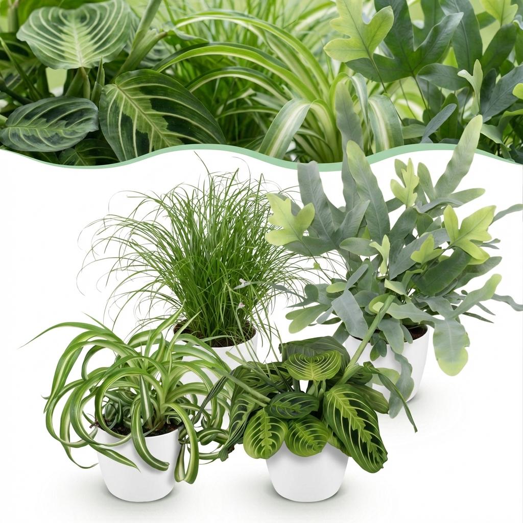 Plante d'intérieur - Chlorophytum - Cyperus - Phlebodium - Marantha - Mix de 4 - Plantes Amicales pour Animaux - Vert - 4 Plantes - avec Potter Blanc - Pot 12cm - Hauteur 25cm