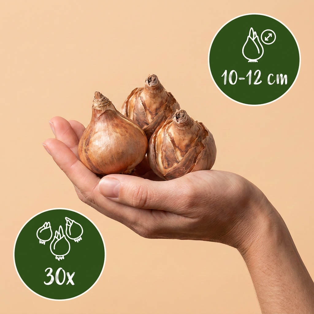 Bulbes de Narcisse Double en mélange tenus dans une main, calibre 10-12 cm, lot de 30 bulbes.
