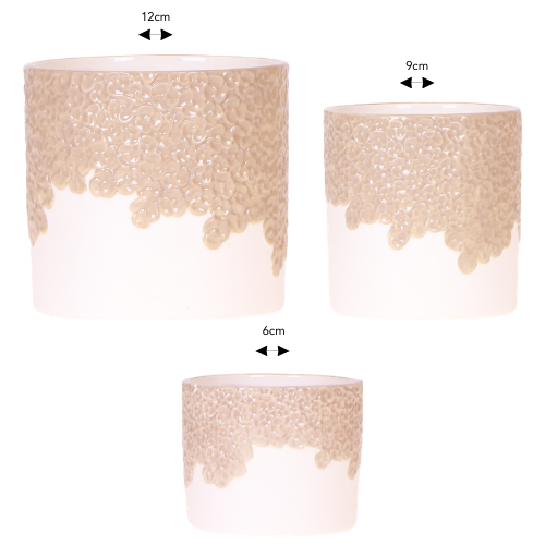 Lot de 3 cache-pots céramique en relief floral - sable (6, 9 et 12 cm)