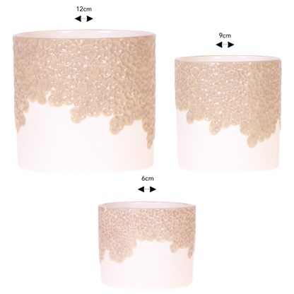 Lot de 3 cache-pots céramique en relief floral - sable (6, 9 et 12 cm)
