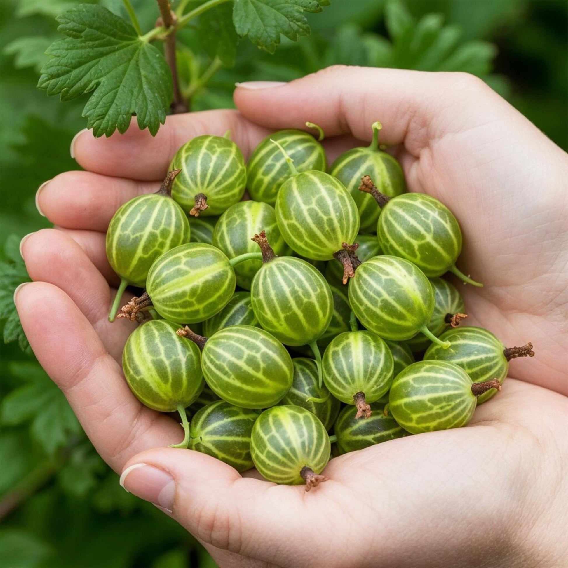 Groseillier Hinnonmaki Grun : mains tenant une généreuse récolte de groseilles vertes, aux rayures délicates et prêtes à être dégustées.