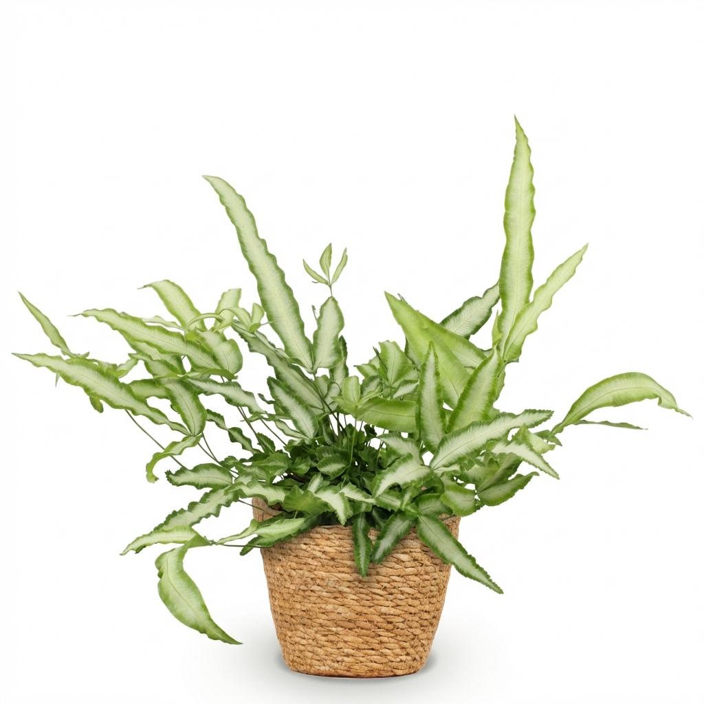 Fougère Pteris cretica Albolineata aux feuilles panachées vert clair et blanc, plantée dans un cache-pot en osier naturel