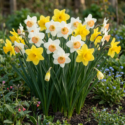 Massif de narcisses en mélange, jaunes et blancs à cœur pêche, fleurissant au printemps.