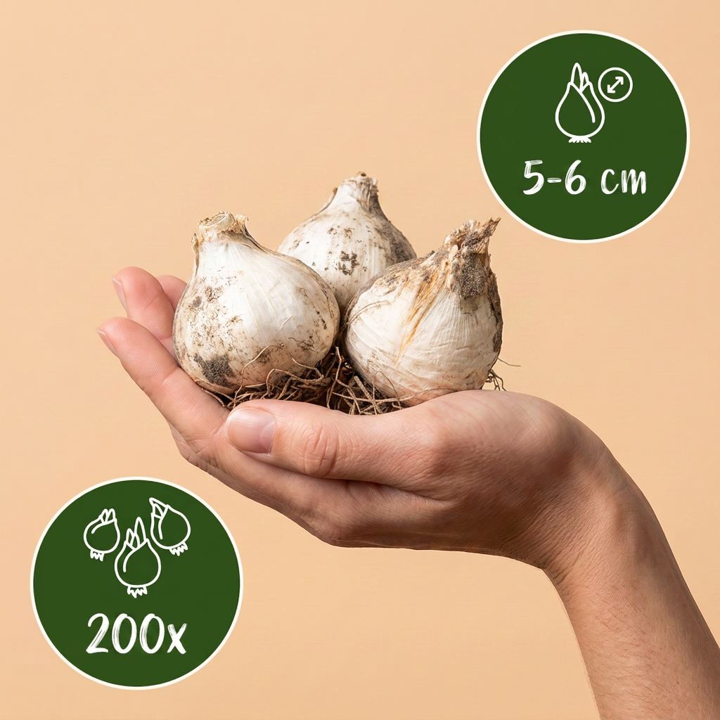Bulbes d'Ail à tête ronde tenus dans une main, calibre 5-6 cm, lot de 200 bulbes.