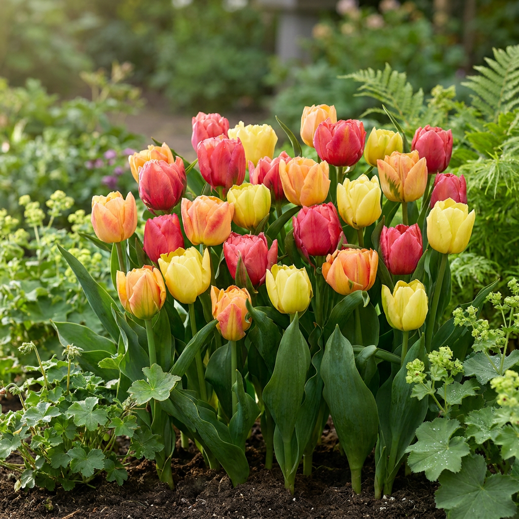 Massif de tulipes 'Symbiosa' en mélange de couleurs chaudes (jaune, orange, rouge) dans un jardin ensoleillé.