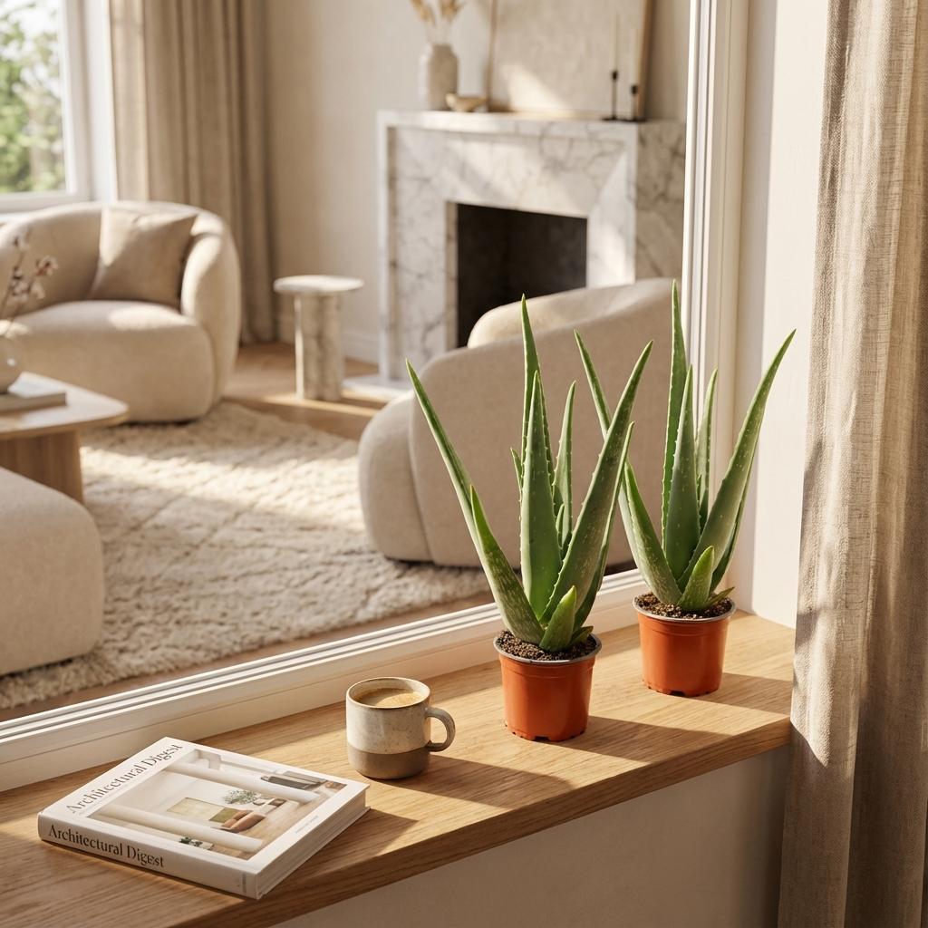 Deux Aloe Vera aux feuilles vertes et charnues dans des pots de culture marron, posés sur un rebord de fenêtre en bois