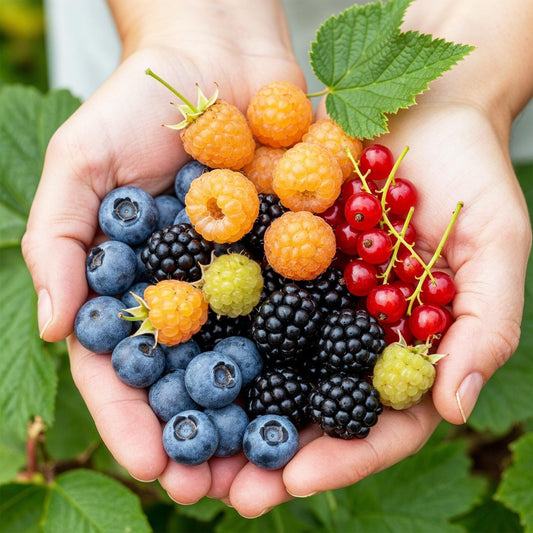Groseille, framboise jaune, mûre, myrtille : mains tenant une variété de baies fraîches et colorées, sur fond de feuillage vert.