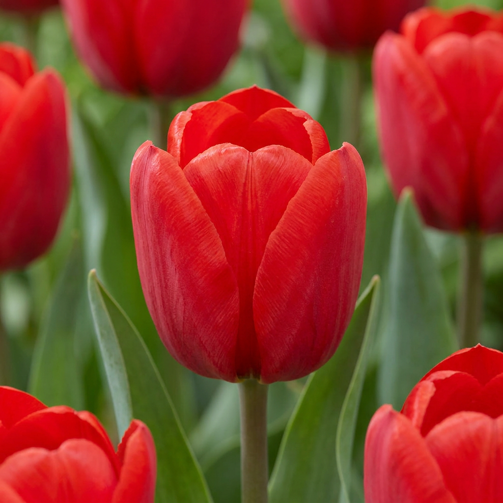 Massif de tulipes Triumph rouges en pleine floraison dans un jardin.
