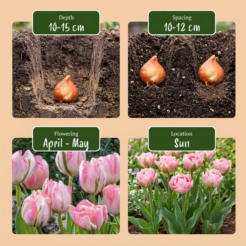 Guide de plantation des bulbes de tulipe double rose avec profondeur, espacement, floraison et exposition.